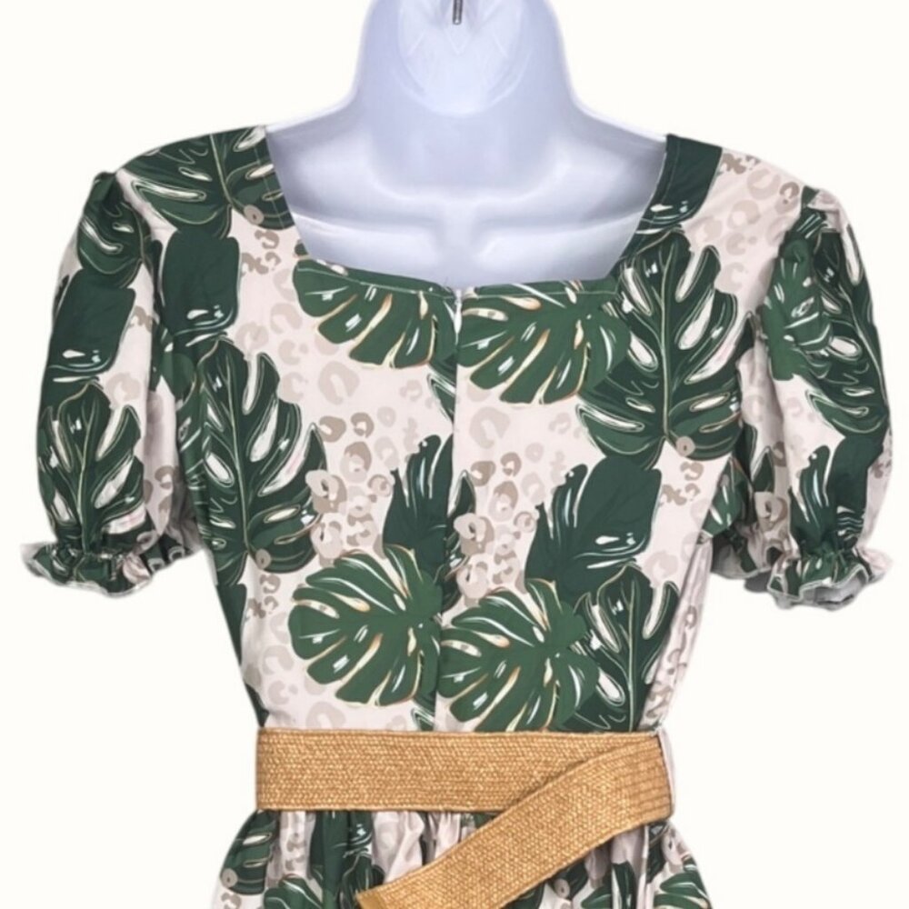 Boutique Tropical Leaf & Leopard Print Dress W Belt Puff Sleeves & Headband - Picture 3 of 8
